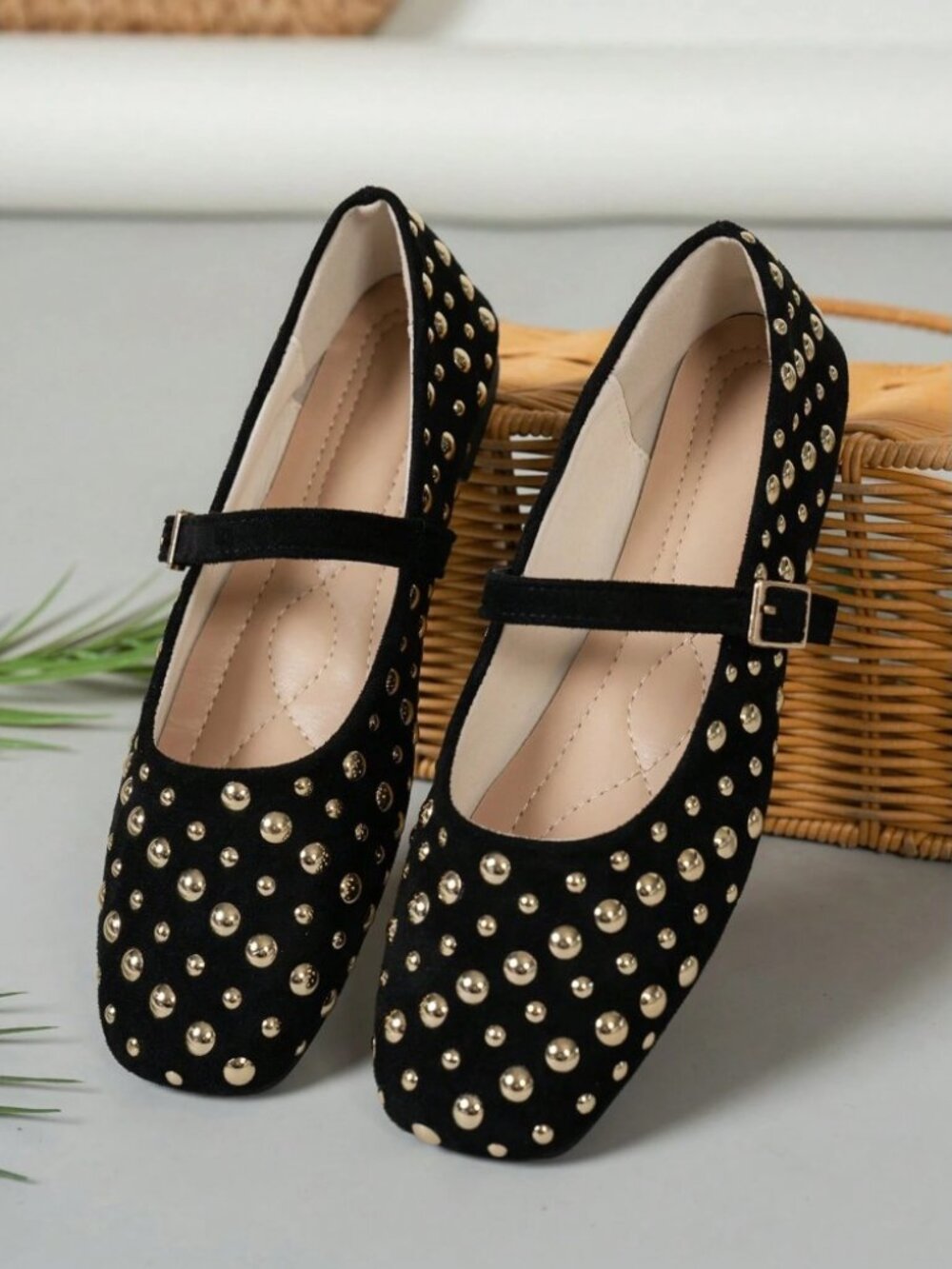 Black Gold Studded Square Toe Mary Jane Ballet Flats